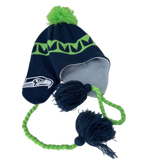 New Era Seattle Seahawks Jacquard Tassel Knit Hat with Pom Blue/ Green Unisex OS - Picture 7 of 7